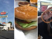 Watson's Drive In Denison: Watson's Hamburgers sign over the blue-and-white awning, a cheeseburger, and a homemade onion ring