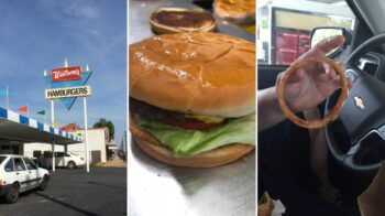Watson's Drive In Denison: Watson's Hamburgers sign over the blue-and-white awning, a cheeseburger, and a homemade onion ring