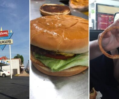 Watson's Drive In Denison: Watson's Hamburgers sign over the blue-and-white awning, a cheeseburger, and a homemade onion ring
